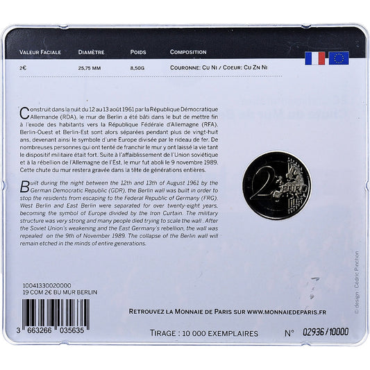 Francúzsko,
2 eurá,
Pád Berlínskeho múru