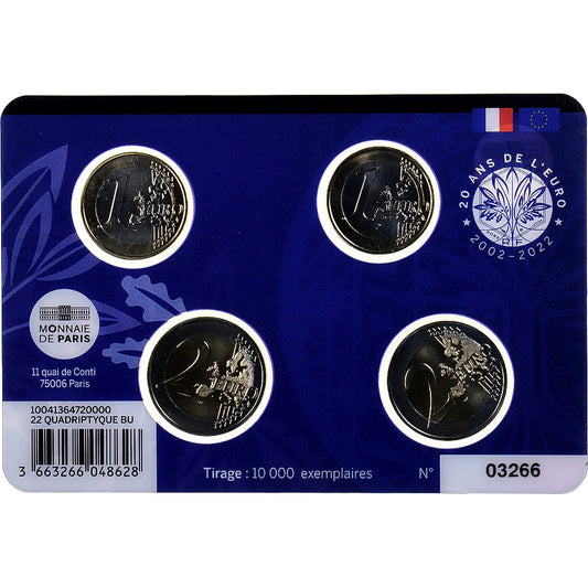 Francúzsko,
 
 1 € a 2 € x 2,
 
 20 eur